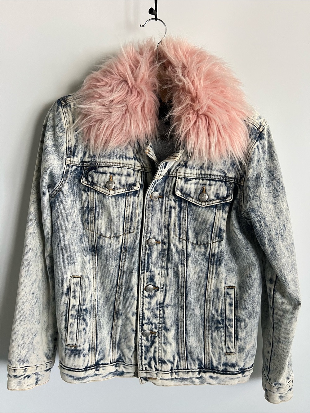 Vintage Juicy Couture Acid-Wash Denim Jacket with Pink Faux Fur Collar